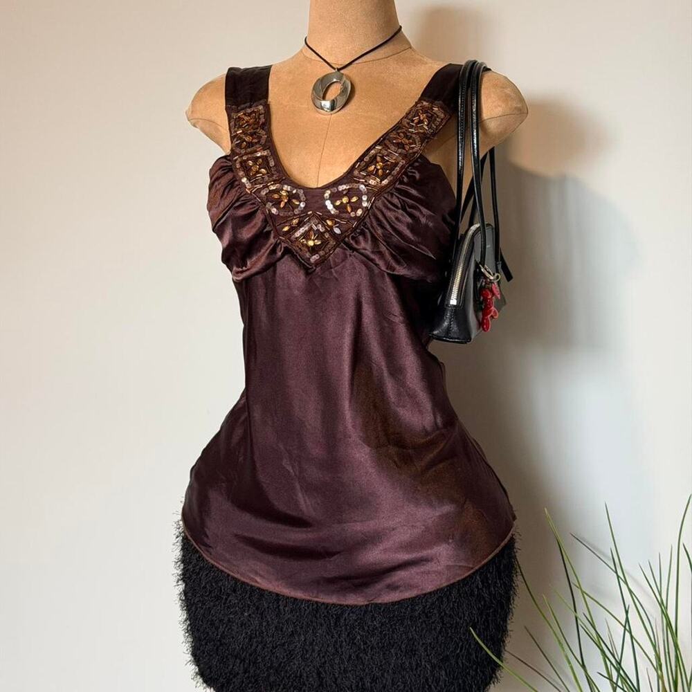 Chocolate satin beaded cami top